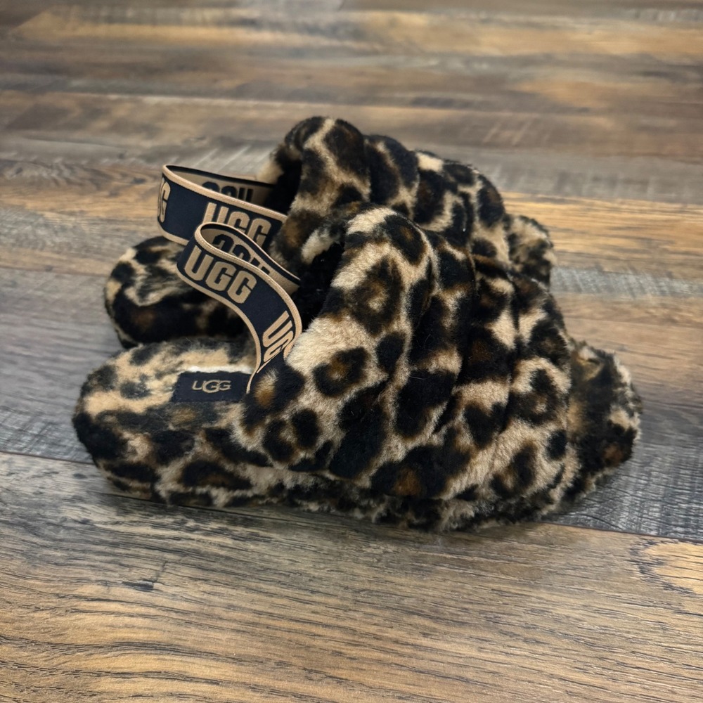 UGG Fluff Yeah Leopard Print Shearling Slingback Slippers Women's Size 8